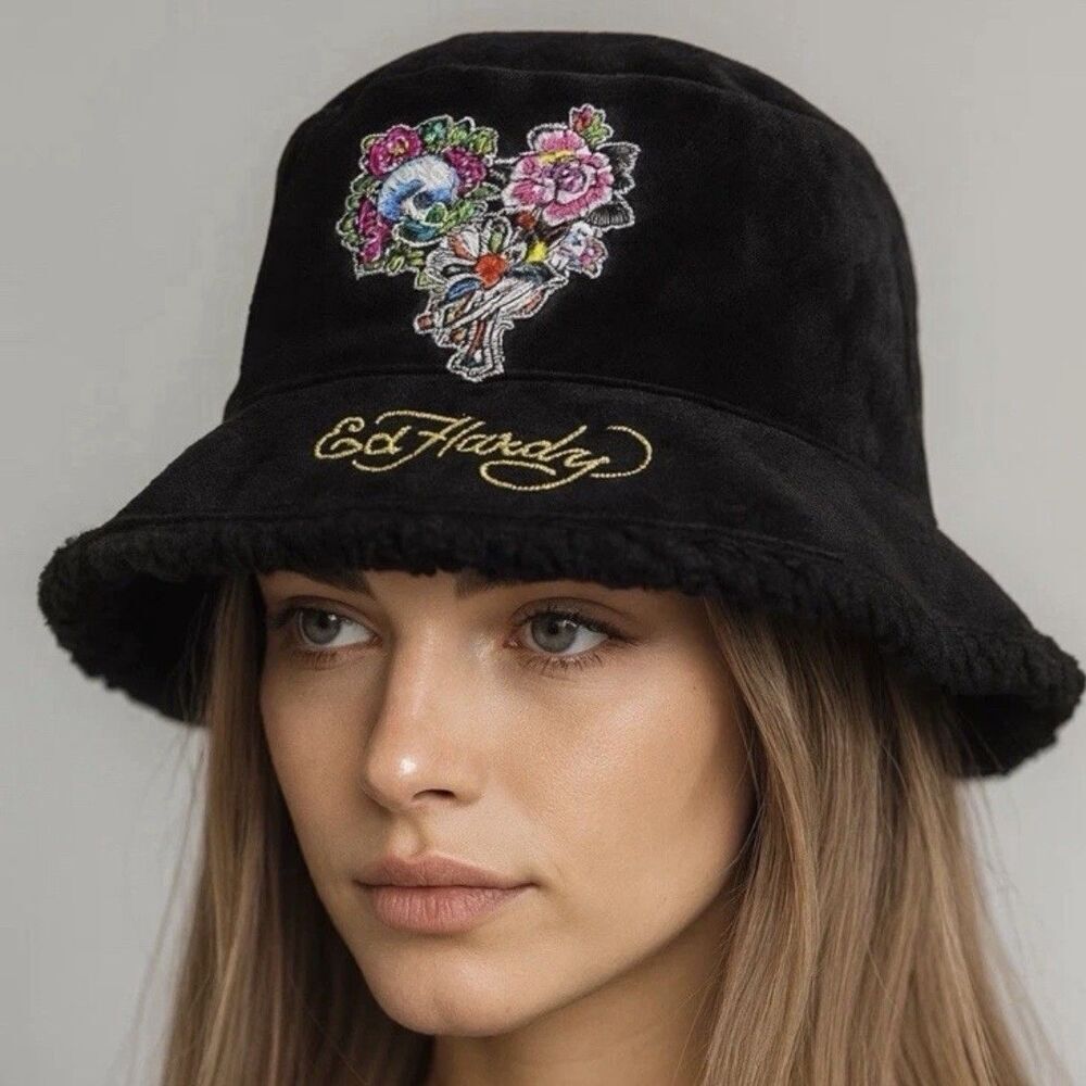 NEW Ed Hardy Authentic Warm Black Fleece Bucket Hat Skull & Roses Embroidered OS